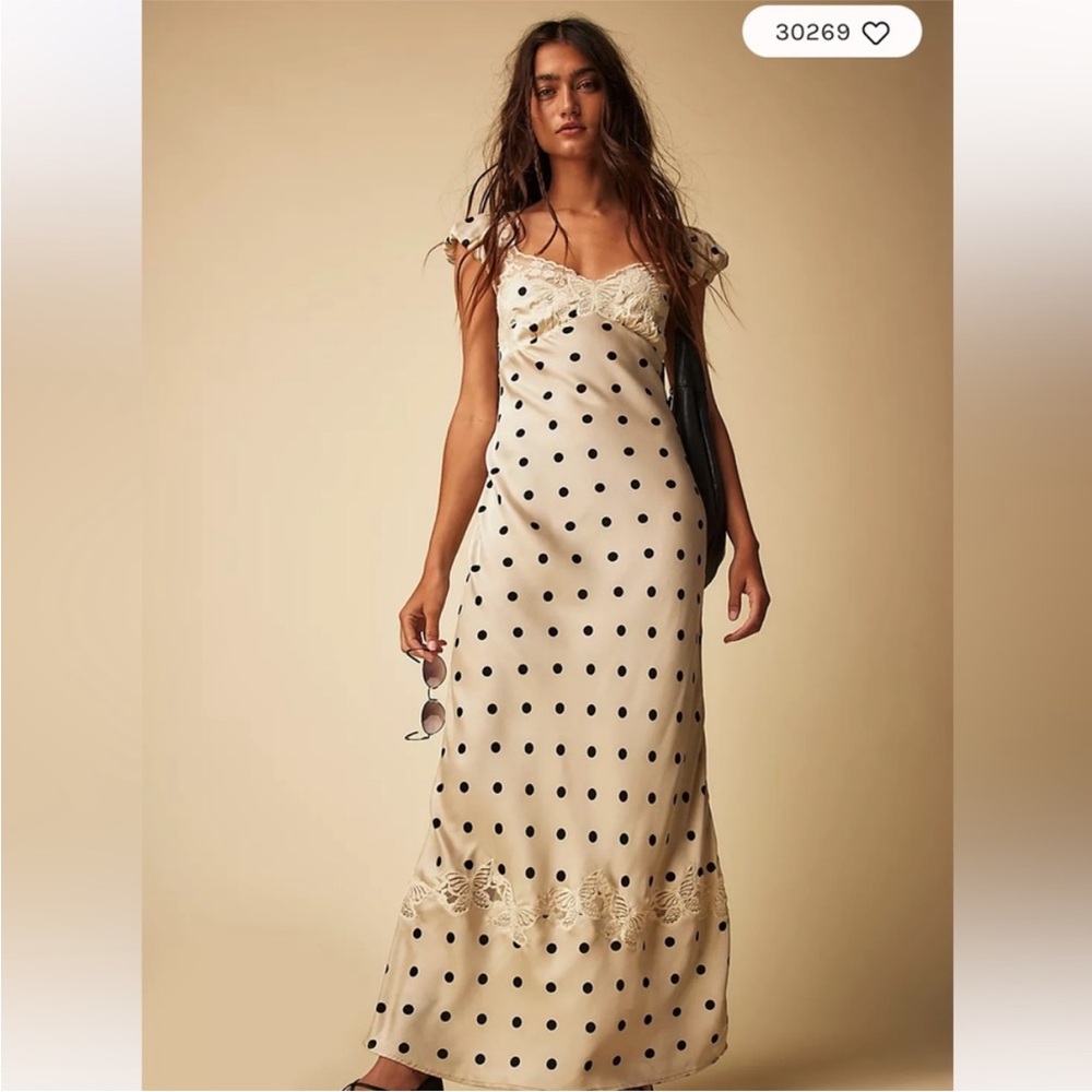 Free People Butterfly Babe Ivory Dress with Black Dots and Lace - Picture 7 of 9